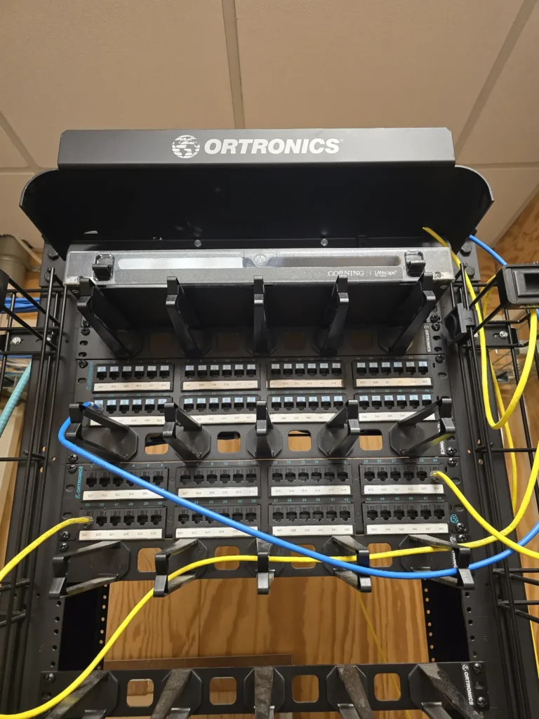 Commercial copper patch panels and network rack cabling.