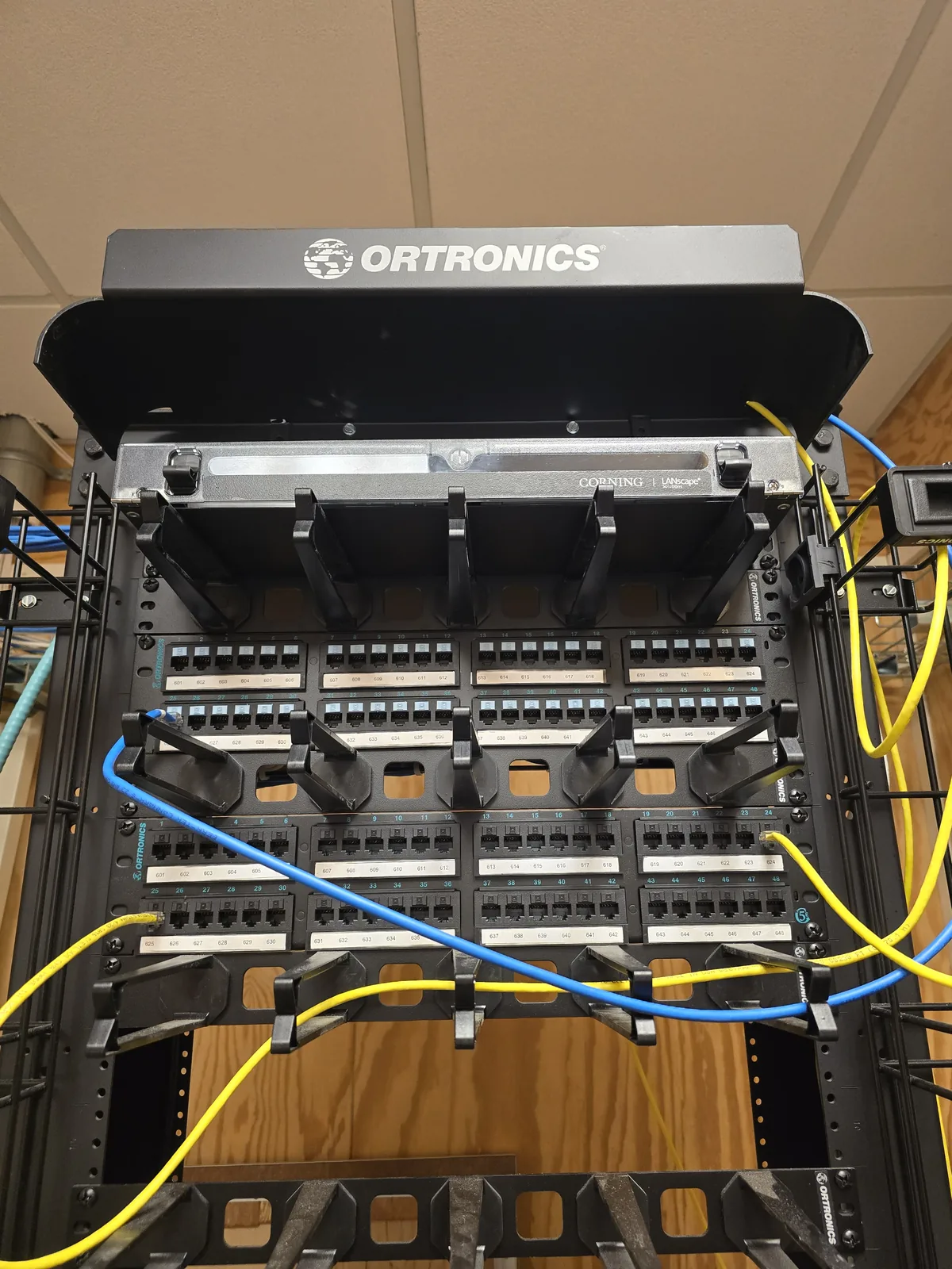 Commercial copper patch panels and network rack cabling.